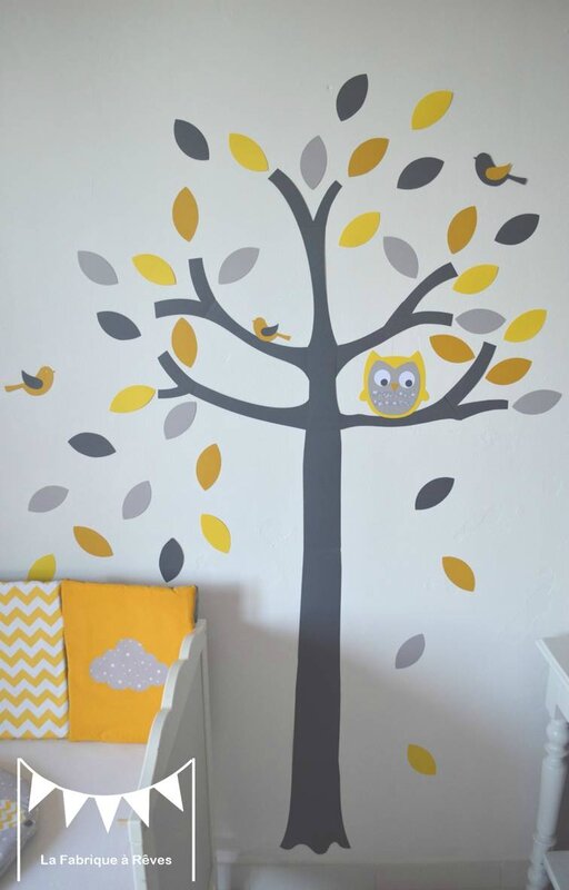 stickers arbre gris jaune blanc hibou chouette oiseaux feuilles - décoration chambre bébé jaune gris blanc