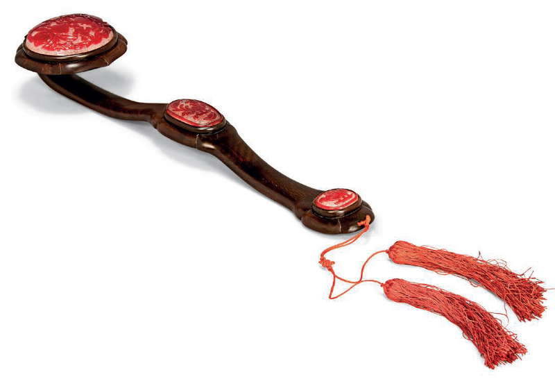 A red overlay glass inset hardwood ruyi sceptre, 20th century