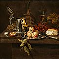 Edwaert collier, still life with peaches, lemon, grapes, bread and wine bottle next to a half-filled wine glass and a knife ...