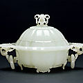 A fine and rare carved white jade ‘floral’ censer and cover, mid qing dynasty, 18th century