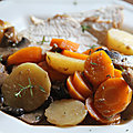 Filet de dindonneau au fond de veau, echalotes, champignons, pommes de terre, carottes