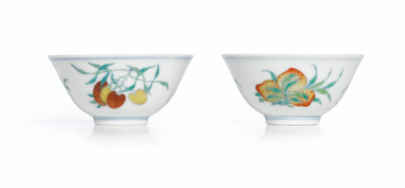 A pair of brilliantly enamelled doucai 'Sanduo' cups, Marks and Period of Yongzheng