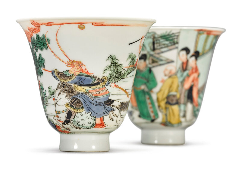 A Rare Pair Of Famille-Verte 'Romance of the Western Chamber' Cups, Kangxi Marks and Period (1662-1722)