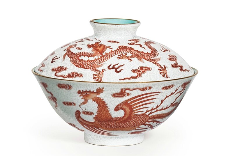 A Finely Enameled Iron-Red-Decorated Sgraffiato-Ground `Dragon And Phoenix' Bowl And A Cover, Qianlong Six-Character Seal Mark In Iron Red And Of The Period (1736-1795)