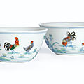 A fine and rare pair of doucai 'chicken cups', marks and period of yongzheng (1723-1735)