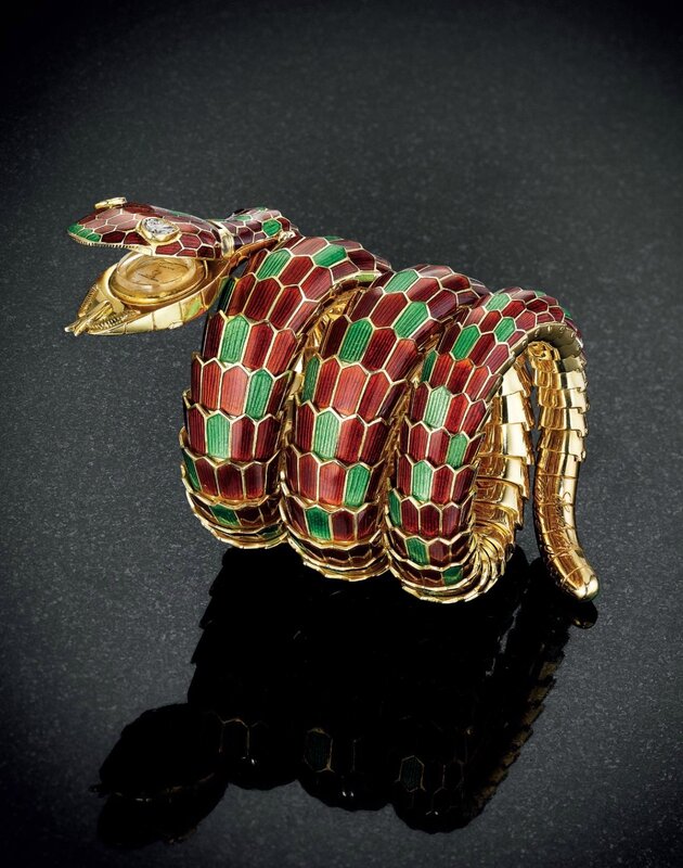 An enamel and diamond 'serpenti' watch bracelet, by Bulgari
