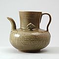 Greenware ewer with peony decoration amid waves, Zhejiang province, 11th - 12th century (1001 - 1200)