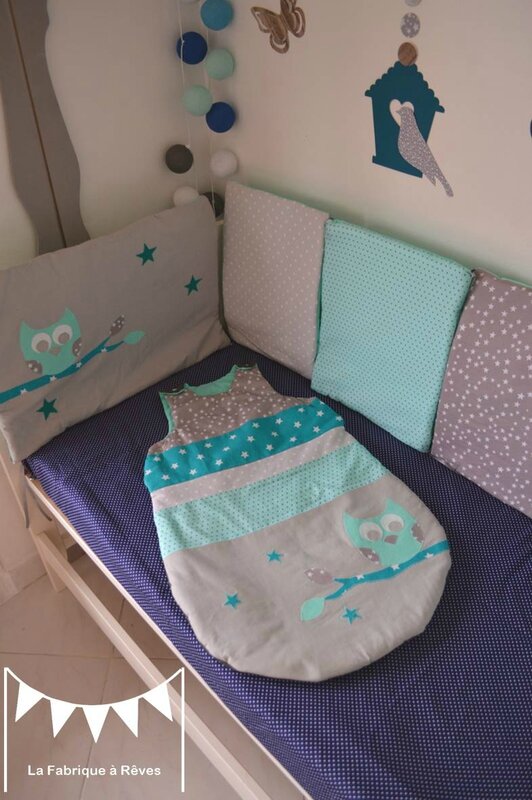 gigoteuse turbulette 6 12 mois hibou étoiles gris turquoise - décoration chambre bébé fille garçon chouette étoiles turquoise gris 2