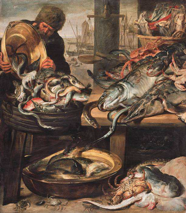 Frans Snyders (Anvers, 1579 - 1657), Un marchand de poissons derrière son stand sur les quais d’Anvers