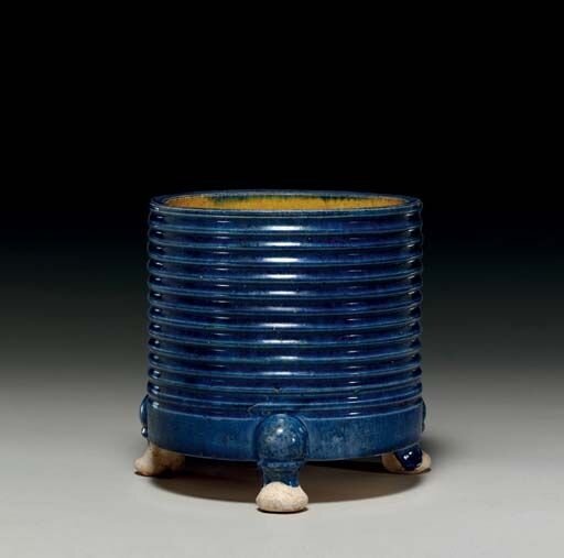 A_rare_blue_and_amber_glazed_pottery_tripod_vessel__lian__Tang_dynasty__618_907__
