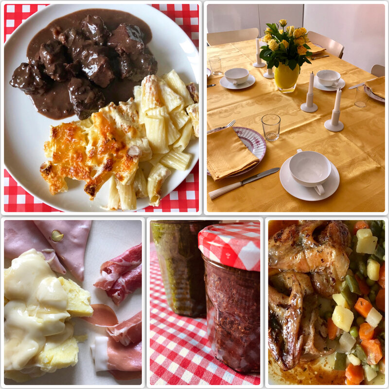 daube-gratin de macaroni/raclette/pintade rôtie-jardinière/conserves pesto à l'ail des ours-tapenade/table jaune