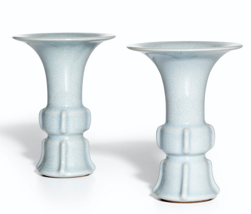 A rare pair of Ru-type gu-shaped vases, Seal marks and period of Qianlong