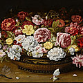 Osias beert the elder, still life of roses in an oriental lacquer and canework bowl, on a ledge with a butterfly and dragonfly