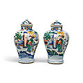 A pair of wucai 'figural' jars and covers, qing dynasty, shunzhi-kangxi period (1644-1722)
