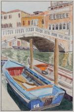 1024 Aquarelles de Venise 15 Barque bleue devant pont de Santa Lucia (sans bords)