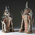 A Pair of Painted Grey Pottery Figures of Earth Spirits, Tang Dynasty (618-906)