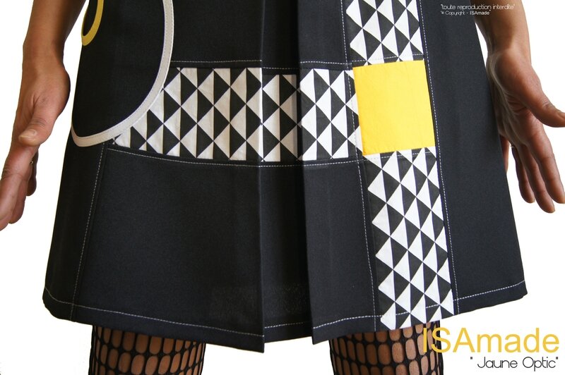 MOD 392D Robe Trapèze créateur originale bicolore noir Blanc jaune made in France Graphique motif imprimé Triangle Printemps 2016