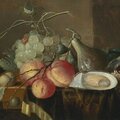 Thomas mertens, still life with fruit and oysters on a table