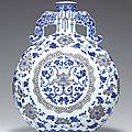An unusual copper-red and blue and white moon flask, Qianlong period (1736-1795)