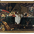 Johann friedrich grüber (actif à stuttgart entre 1662 et 1681), composition aux fruits, homard et instruments de musique