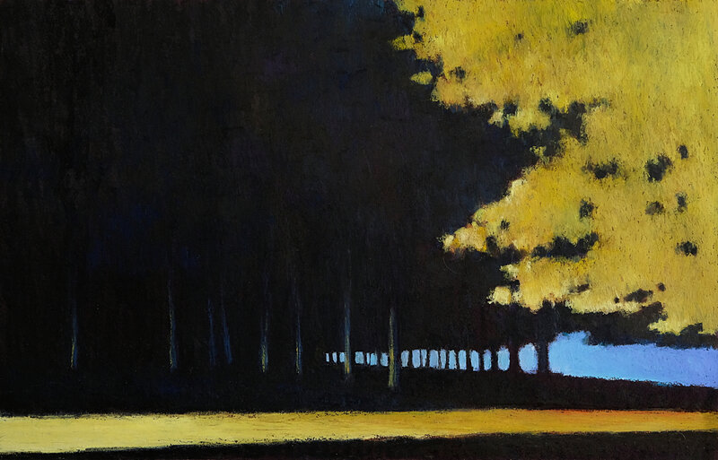 Dans la lumière des phares, mars 2018, pastel à l'huile, 48 x 32 cm