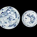 Two 'master of the rocks' blue and white dishes. early kangxi