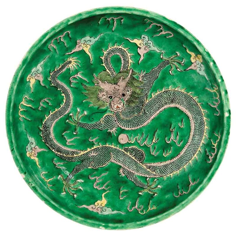Chinese Famille Verte Glazed Porcelain Dragon Charger, Kangxi Six-Character Mark and of the Period 1