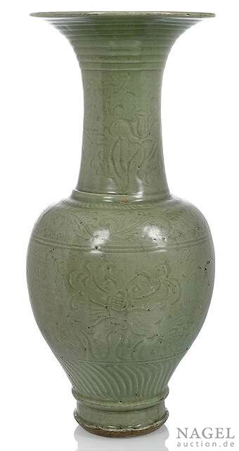 A rare Longquan celadon trumpet-necked baluster vase, China, Yuan-early Ming dynasty