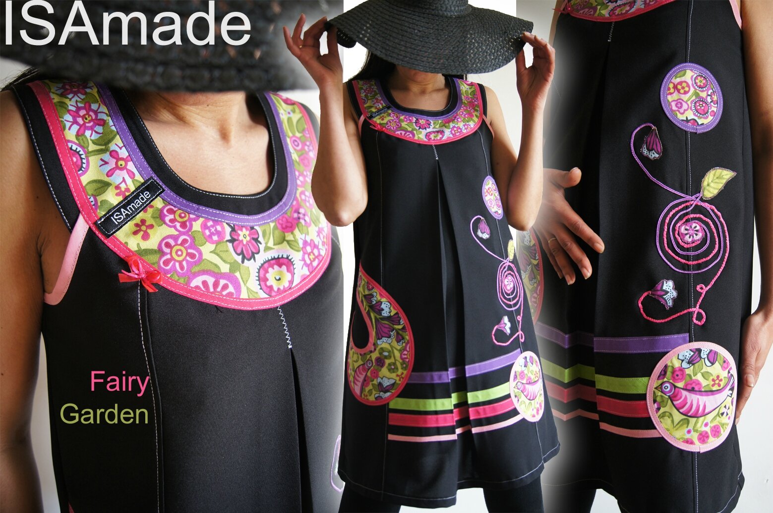 Robe Trapèze Noire Imprimé rayures Stylisées multicolores à fleurs et oiseaux Vert/rose