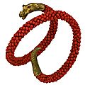 Wonderful victorian coral coiled snake bracelet, 1900's, italy