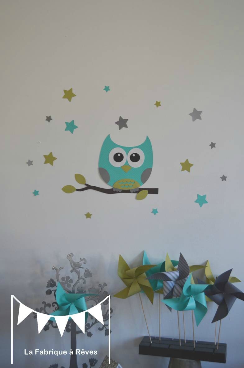 stickers décoration chambre enfant fille bébé garçon hibou étoiles anis turquoise gris 2