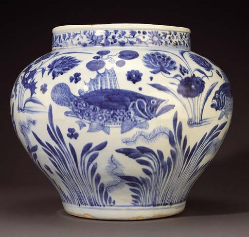 A rare Yuan blue and white baluster 'fish' jar, guan, circa 1350