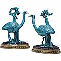 A pair of ormolu-mounted chinese export turquoise porcelain ostriches. the porcelain 18th century, the mounts circa 1820-1830