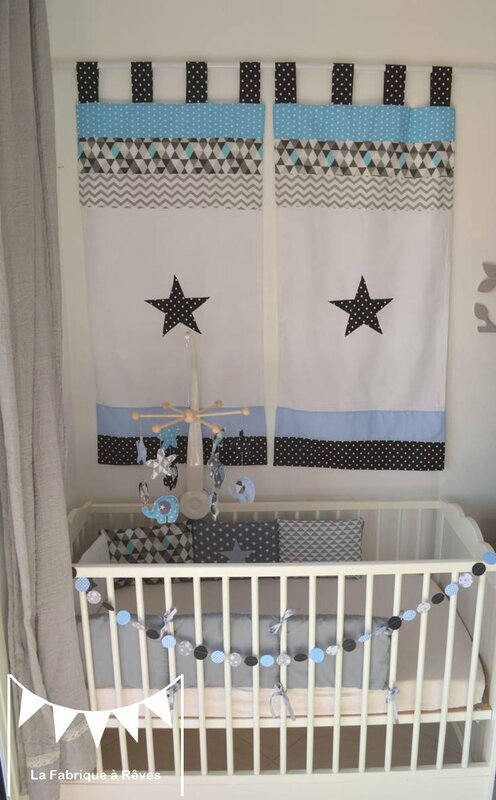 rideau paire décoration chambre enfant bébé bleu gris noir éléphant géométrique chevron triangle