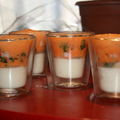 Crème de fromage ossau-iraty, crevettes roses marinées à la coriandre, velouté de piquillos à la manière de christian constant
